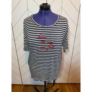 Gerard Darel Womens 2 Black White Striped Red Print Linen Short Sleeve T-shirt